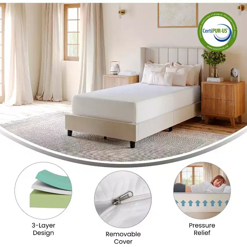 Merrick Lane Memory Foam Mattress in a Box with 3 Layers, Washable Cover, Green Tea-Infused Foam, Cooling Gel, and CertiPUR-US Certified Foam