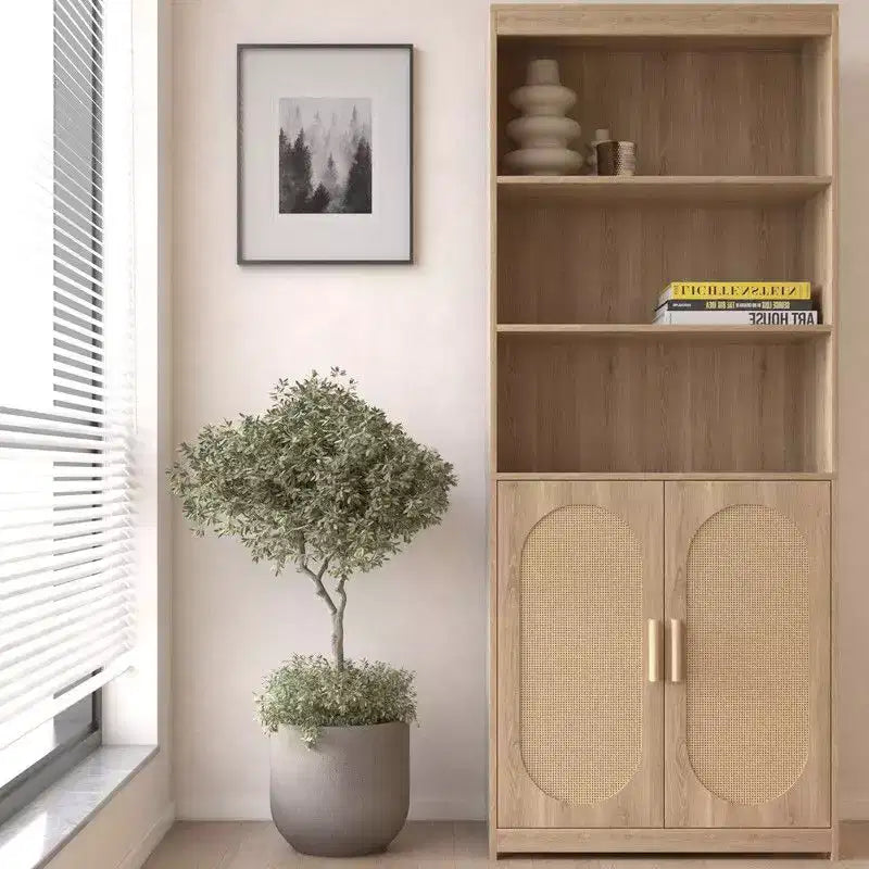 Karl Home Bookshelf 5 Tier Book Shelf Rattan Tall Bookcase with Doors Storage