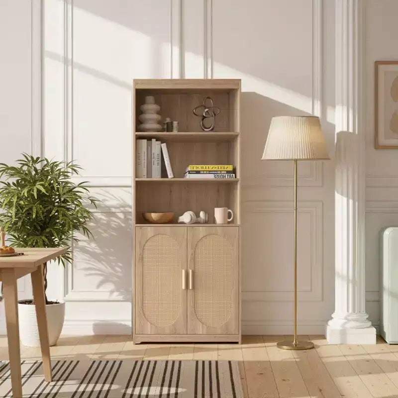 Karl Home Bookshelf 5 Tier Book Shelf Rattan Tall Bookcase with Doors Storage