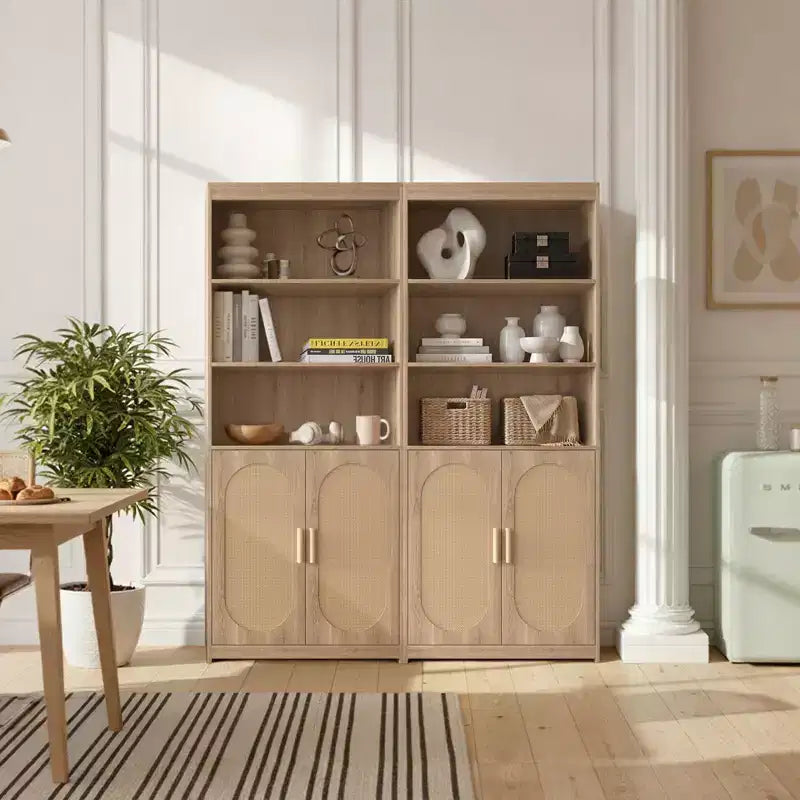 Karl Home Bookshelf 5 Tier Book Shelf Rattan Tall Bookcase with Doors Storage