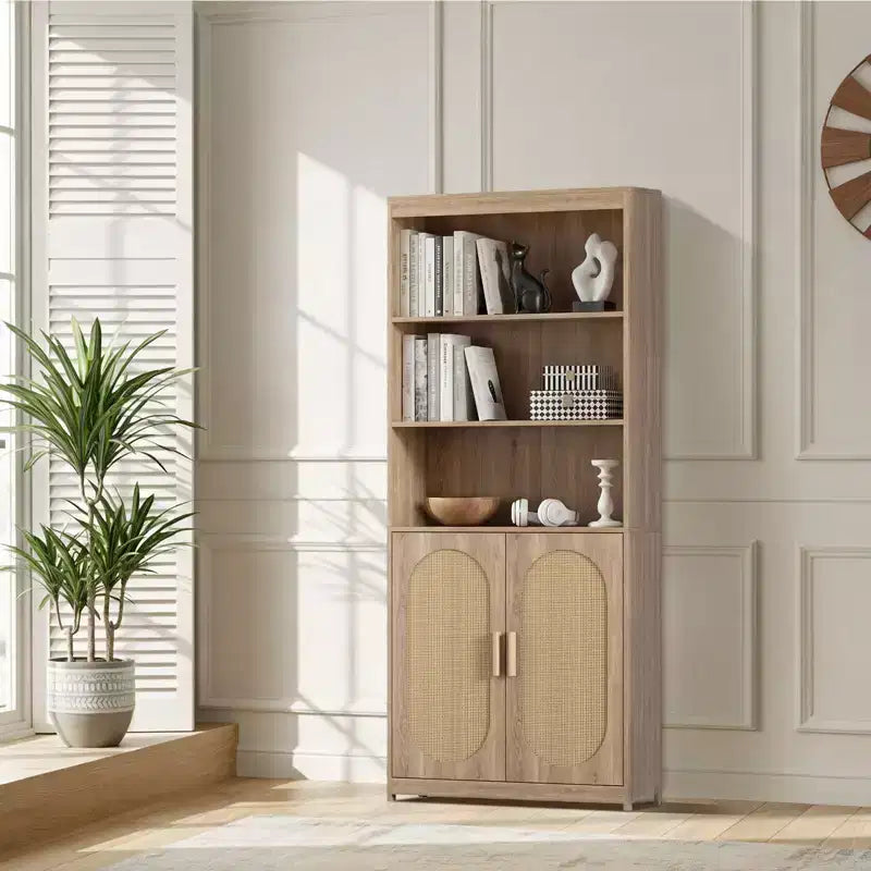 Karl Home Bookshelf 5 Tier Book Shelf Rattan Tall Bookcase with Doors Storage