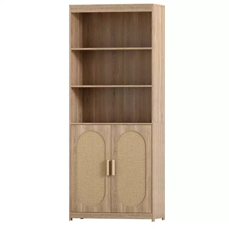 Karl Home Bookshelf 5 Tier Book Shelf Rattan Tall Bookcase with Doors Storage