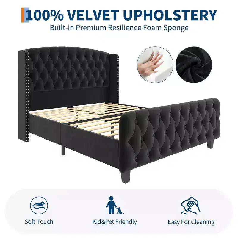51 Tall Queen Size Bed Frame, Deep Button Tufted Wingback Headboard & Footboard, Velvet Upholstered Platform, No Box Spring Needed, Easy Assemble