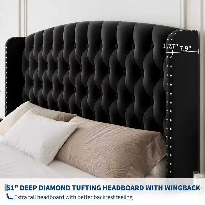 51 Tall Queen Size Bed Frame, Deep Button Tufted Wingback Headboard & Footboard, Velvet Upholstered Platform, No Box Spring Needed, Easy Assemble