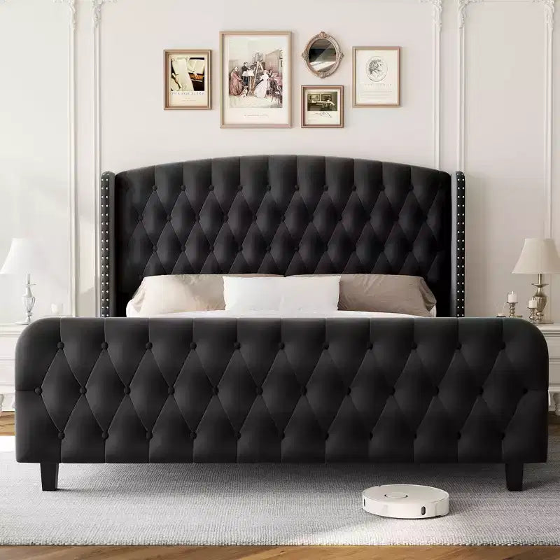 51 Tall Queen Size Bed Frame, Deep Button Tufted Wingback Headboard & Footboard, Velvet Upholstered Platform, No Box Spring Needed, Easy Assemble