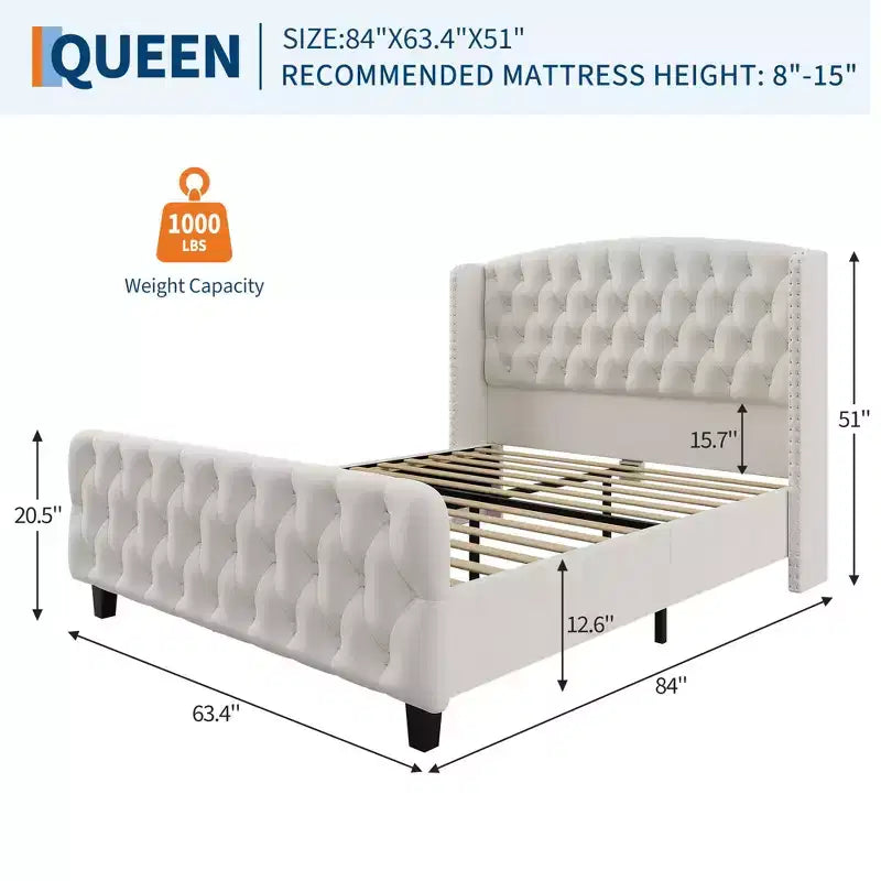 51 Tall Queen Size Bed Frame, Deep Button Tufted Wingback Headboard & Footboard, Velvet Upholstered Platform, No Box Spring Needed, Easy Assemble