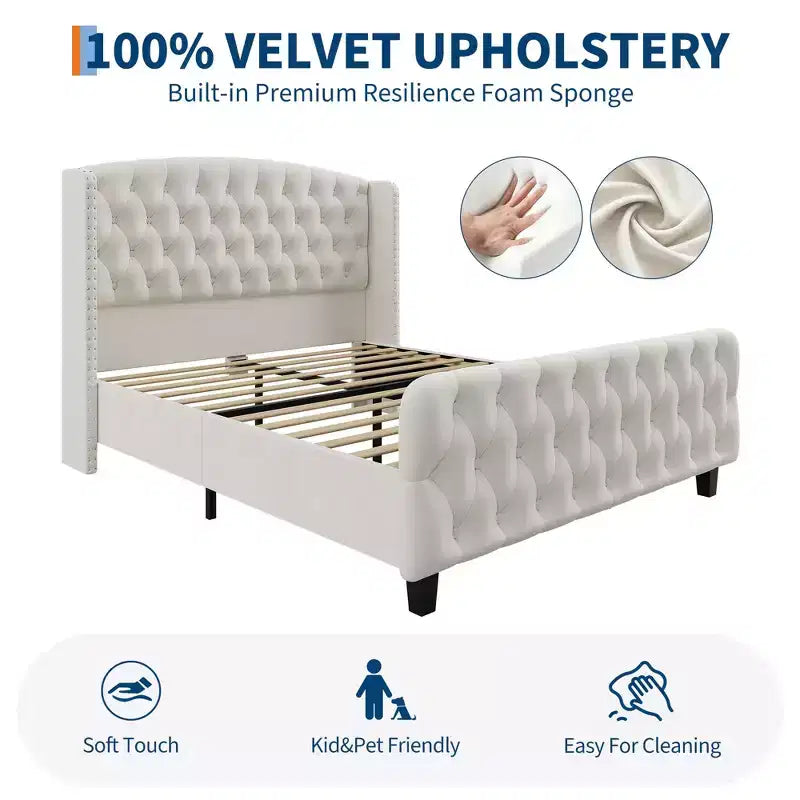 51 Tall Queen Size Bed Frame, Deep Button Tufted Wingback Headboard & Footboard, Velvet Upholstered Platform, No Box Spring Needed, Easy Assemble