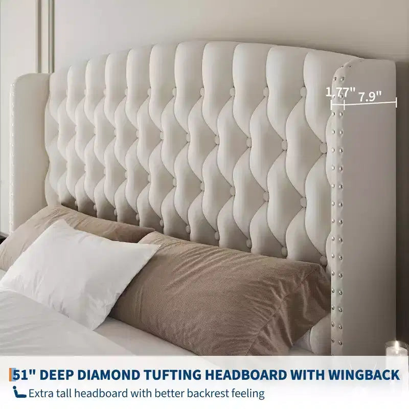 51 Tall Queen Size Bed Frame, Deep Button Tufted Wingback Headboard & Footboard, Velvet Upholstered Platform, No Box Spring Needed, Easy Assemble