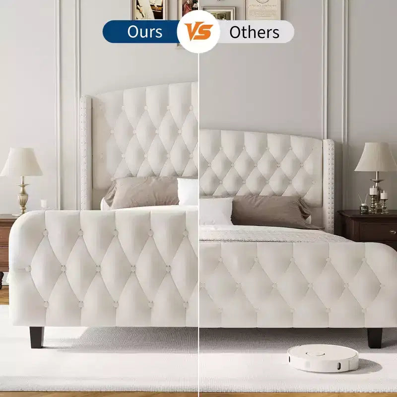 51 Tall Queen Size Bed Frame, Deep Button Tufted Wingback Headboard & Footboard, Velvet Upholstered Platform, No Box Spring Needed, Easy Assemble