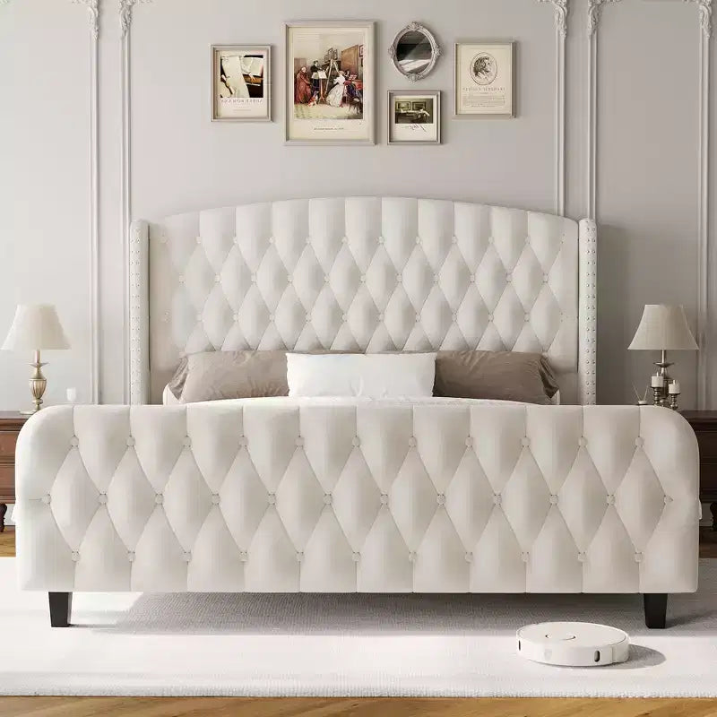 51 Tall Queen Size Bed Frame, Deep Button Tufted Wingback Headboard & Footboard, Velvet Upholstered Platform, No Box Spring Needed, Easy Assemble