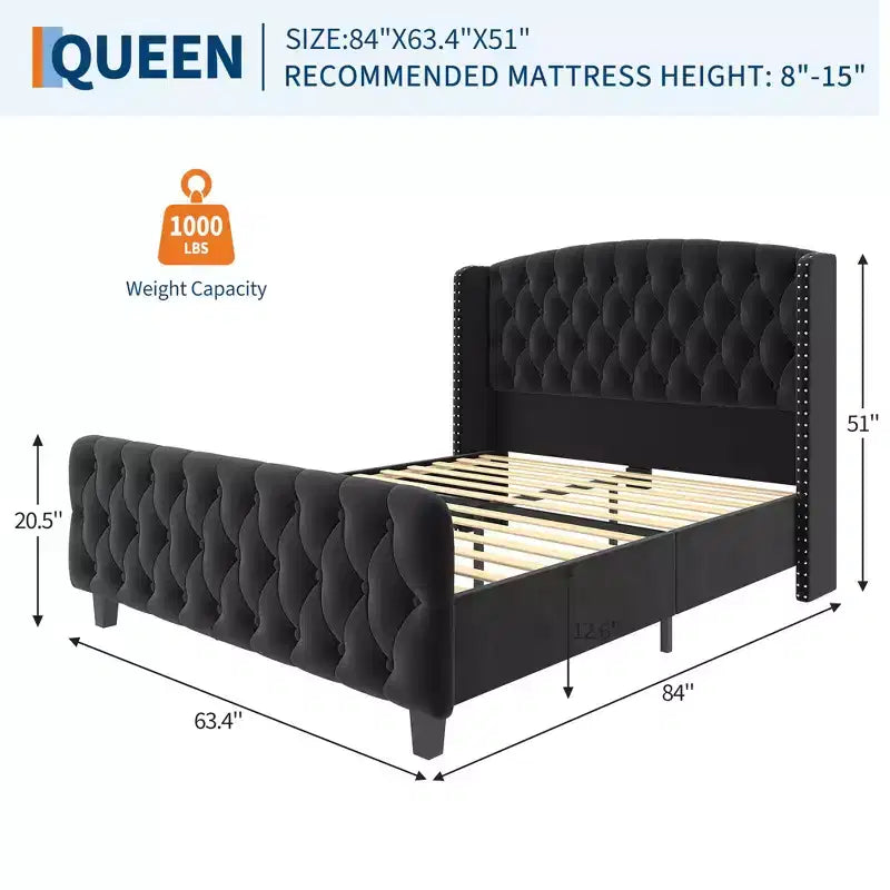 51 Tall Queen Size Bed Frame, Deep Button Tufted Wingback Headboard & Footboard, Velvet Upholstered Platform, No Box Spring Needed, Easy Assemble