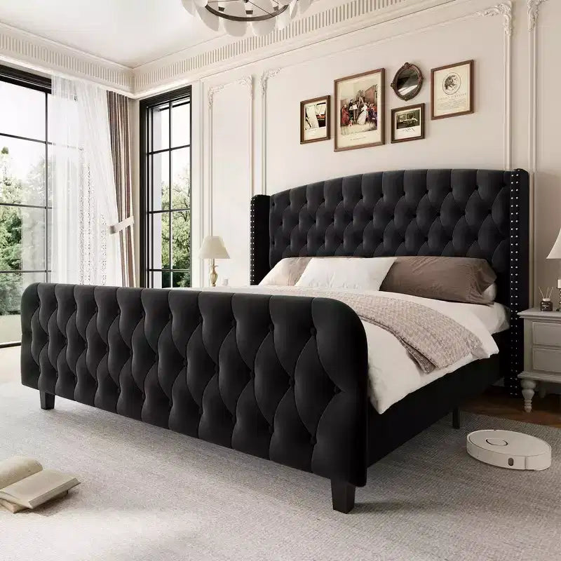 51 Tall Queen Size Bed Frame, Deep Button Tufted Wingback Headboard & Footboard, Velvet Upholstered Platform, No Box Spring Needed, Easy Assemble