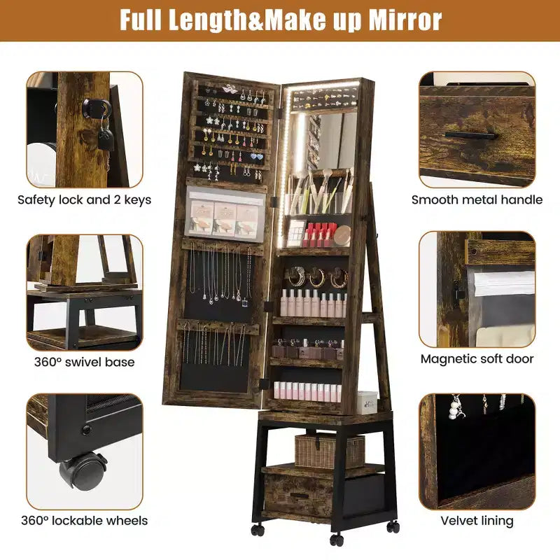 66 Full Length Mirror Jewelry Cabinet with LED Lights