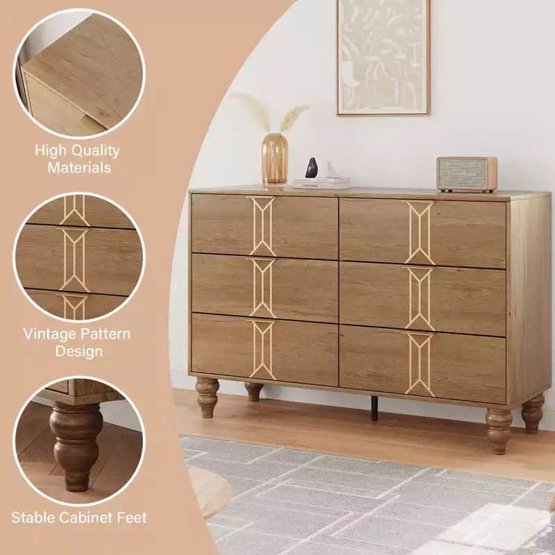 GustoWave 6 Drawer Dresser for Bedroom, Modern Wooden Chest Dresser with Metal Handle, Large Storage Chest of Drawers