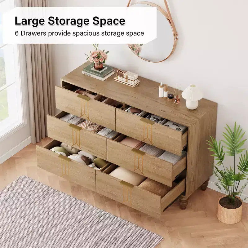 GustoWave 6 Drawer Dresser for Bedroom, Modern Wooden Chest Dresser with Metal Handle, Large Storage Chest of Drawers