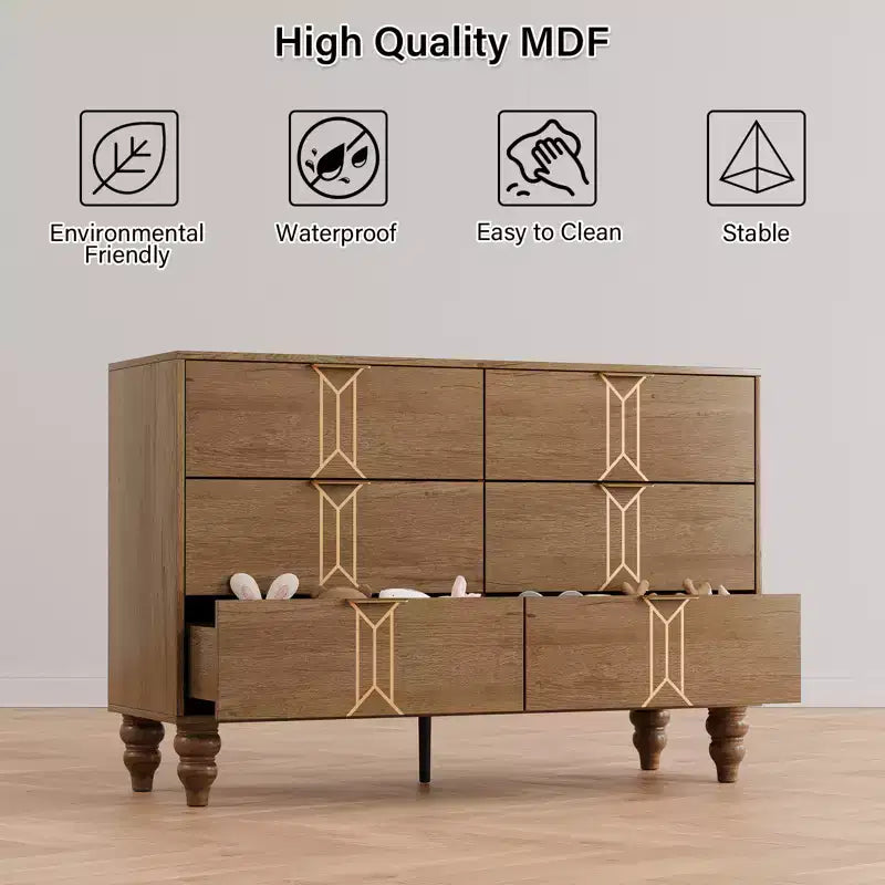 GustoWave 6 Drawer Dresser for Bedroom, Modern Wooden Chest Dresser with Metal Handle, Large Storage Chest of Drawers