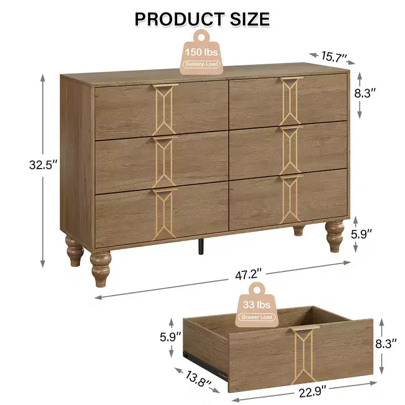 GustoWave 6 Drawer Dresser for Bedroom, Modern Wooden Chest Dresser with Metal Handle, Large Storage Chest of Drawers