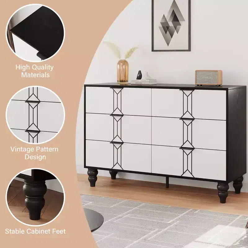 GustoWave 6 Drawer Dresser for Bedroom, Modern Wooden Chest Dresser with Metal Handle, Large Storage Chest of Drawers