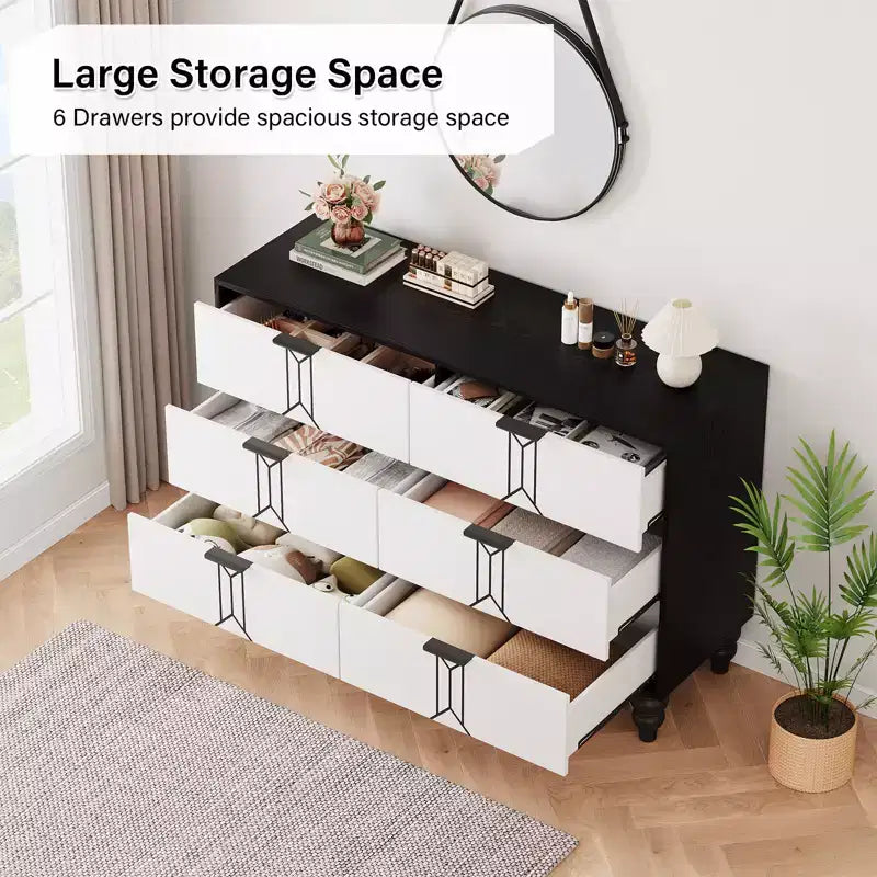 GustoWave 6 Drawer Dresser for Bedroom, Modern Wooden Chest Dresser with Metal Handle, Large Storage Chest of Drawers