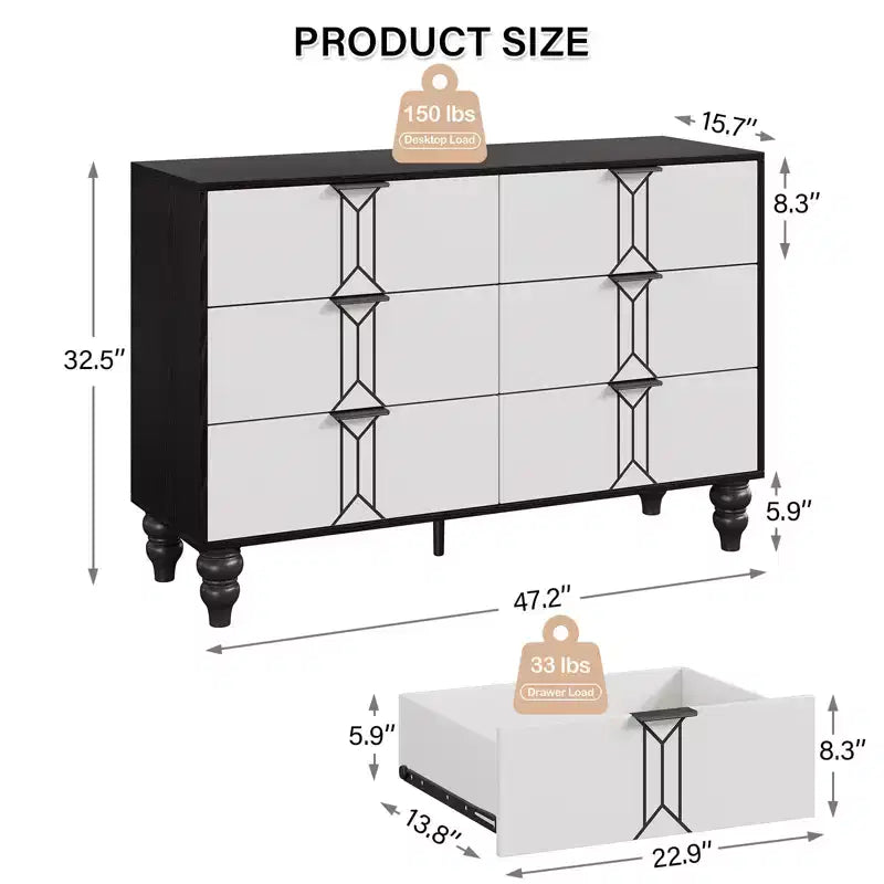 GustoWave 6 Drawer Dresser for Bedroom, Modern Wooden Chest Dresser with Metal Handle, Large Storage Chest of Drawers