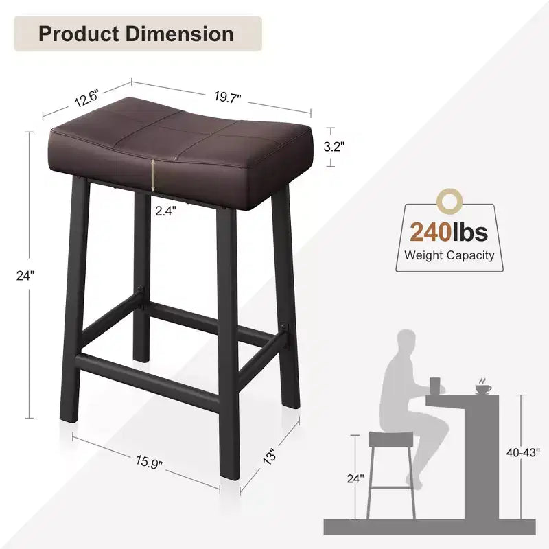 Counter Height Bar Stools Set of 2/4, 24 Inch Barstools for Kitchen Island Counter, Bonded Leather Stools with 2.4 Thick Saddle Seats