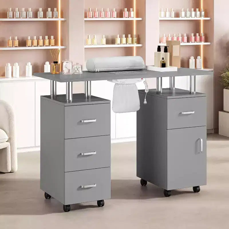 Manicure Table with Electric Dust Collector,42 Nail Table Beauty Salon Station with Lockable Wheels, Arm Rest,4 Storage Drawers,Resistant Top