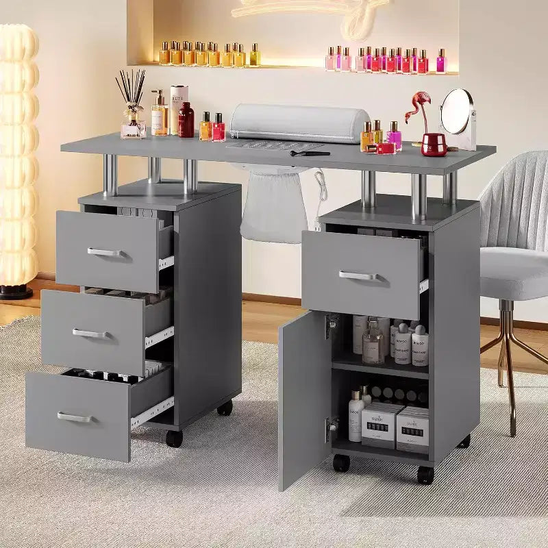 Manicure Table with Electric Dust Collector,42 Nail Table Beauty Salon Station with Lockable Wheels, Arm Rest,4 Storage Drawers,Resistant Top