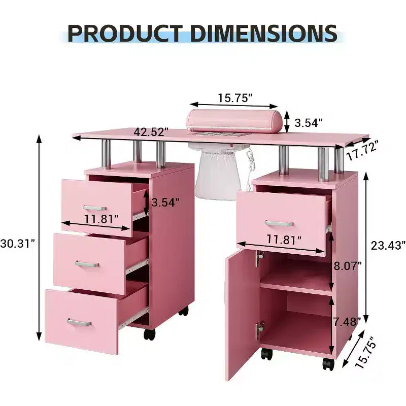 Manicure Table with Electric Dust Collector,42 Nail Table Beauty Salon Station with Lockable Wheels, Arm Rest,4 Storage Drawers,Resistant Top