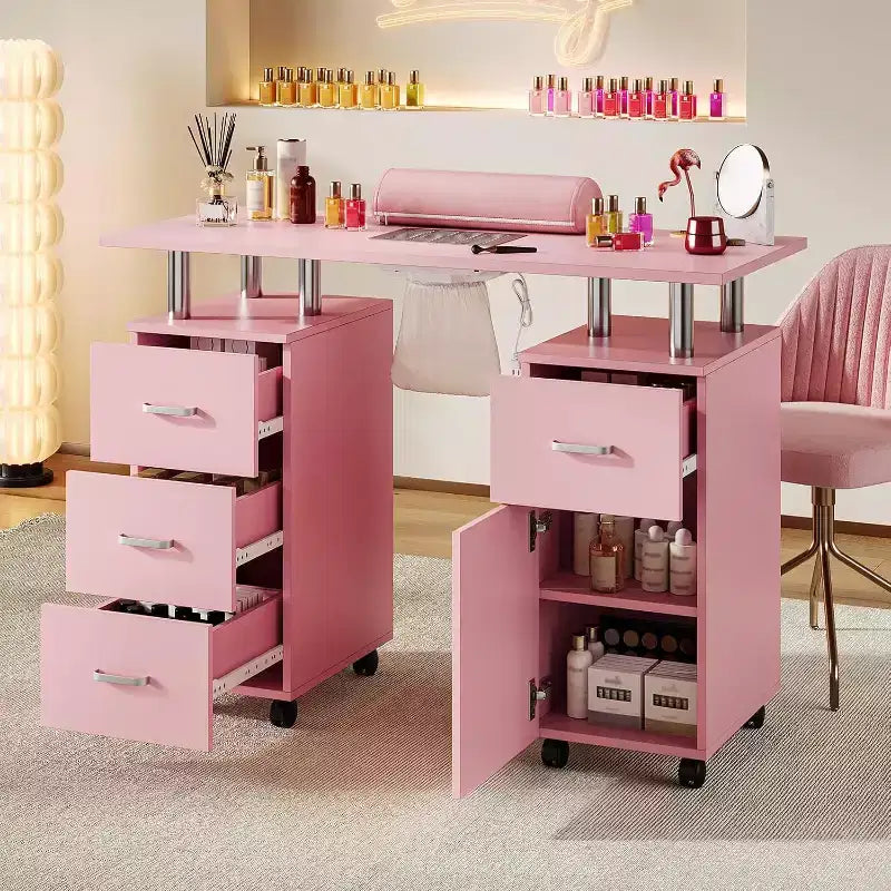 Manicure Table with Electric Dust Collector,42 Nail Table Beauty Salon Station with Lockable Wheels, Arm Rest,4 Storage Drawers,Resistant Top