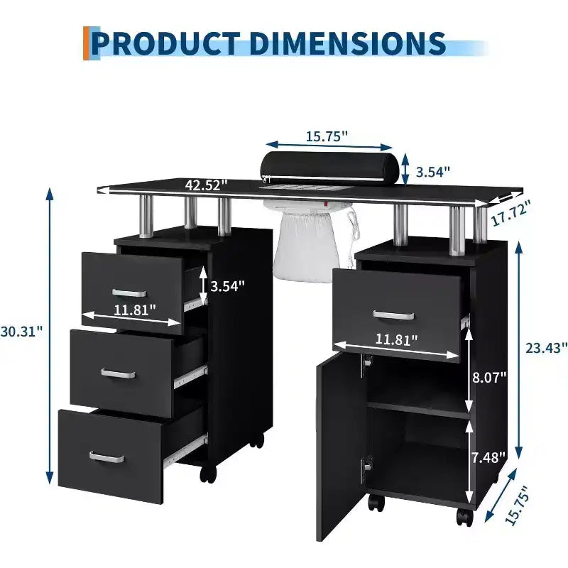 Manicure Table with Electric Dust Collector,42 Nail Table Beauty Salon Station with Lockable Wheels, Arm Rest,4 Storage Drawers,Resistant Top