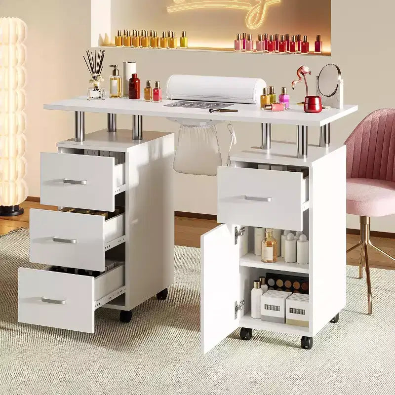 Manicure Table with Electric Dust Collector,42 Nail Table Beauty Salon Station with Lockable Wheels, Arm Rest,4 Storage Drawers,Resistant Top