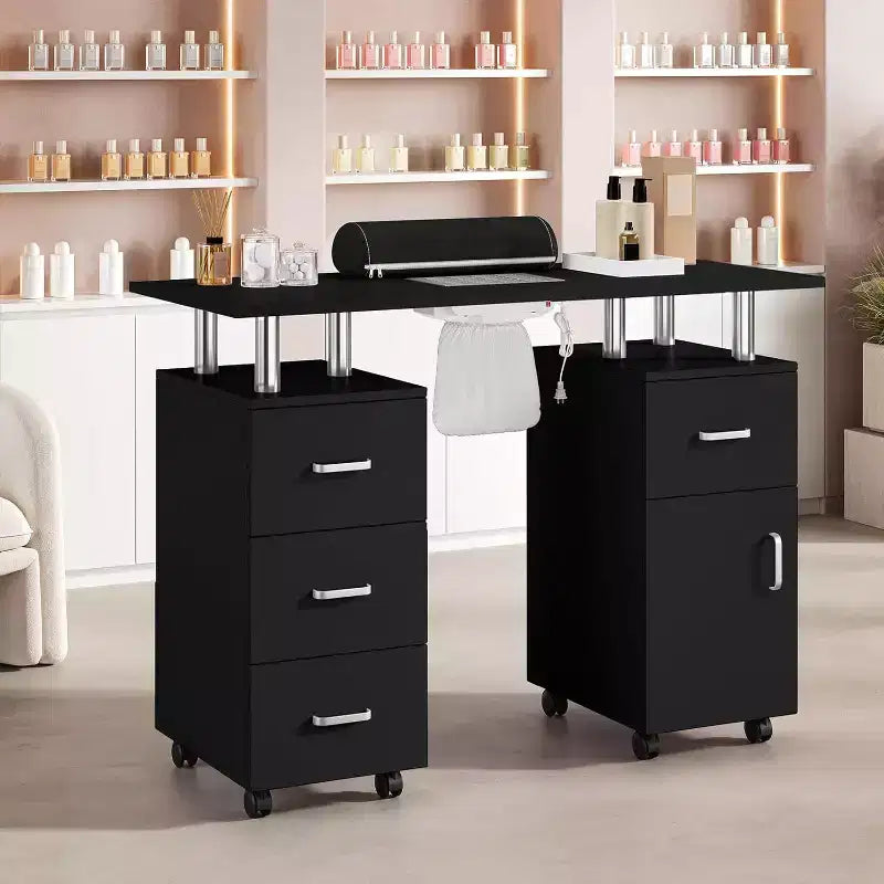 Manicure Table with Electric Dust Collector,42 Nail Table Beauty Salon Station with Lockable Wheels, Arm Rest,4 Storage Drawers,Resistant Top