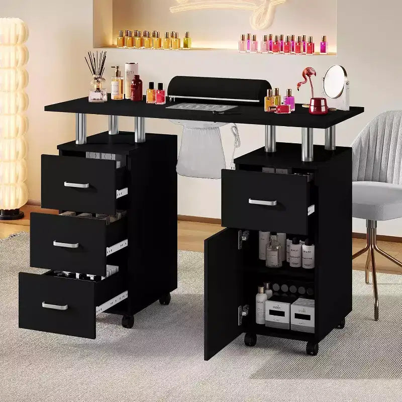 Manicure Table with Electric Dust Collector,42 Nail Table Beauty Salon Station with Lockable Wheels, Arm Rest,4 Storage Drawers,Resistant Top