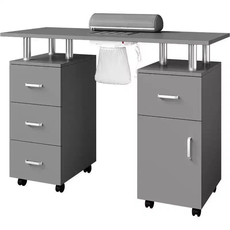 Manicure Table with Electric Dust Collector,42 Nail Table Beauty Salon Station with Lockable Wheels, Arm Rest,4 Storage Drawers,Resistant Top