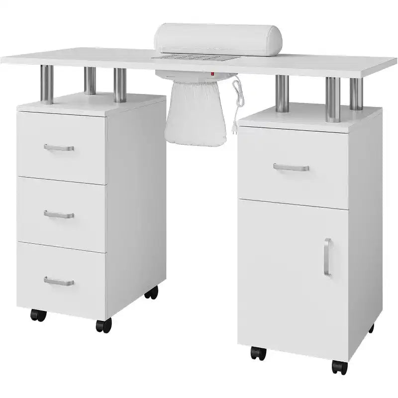 Manicure Table with Electric Dust Collector,42 Nail Table Beauty Salon Station with Lockable Wheels, Arm Rest,4 Storage Drawers,Resistant Top