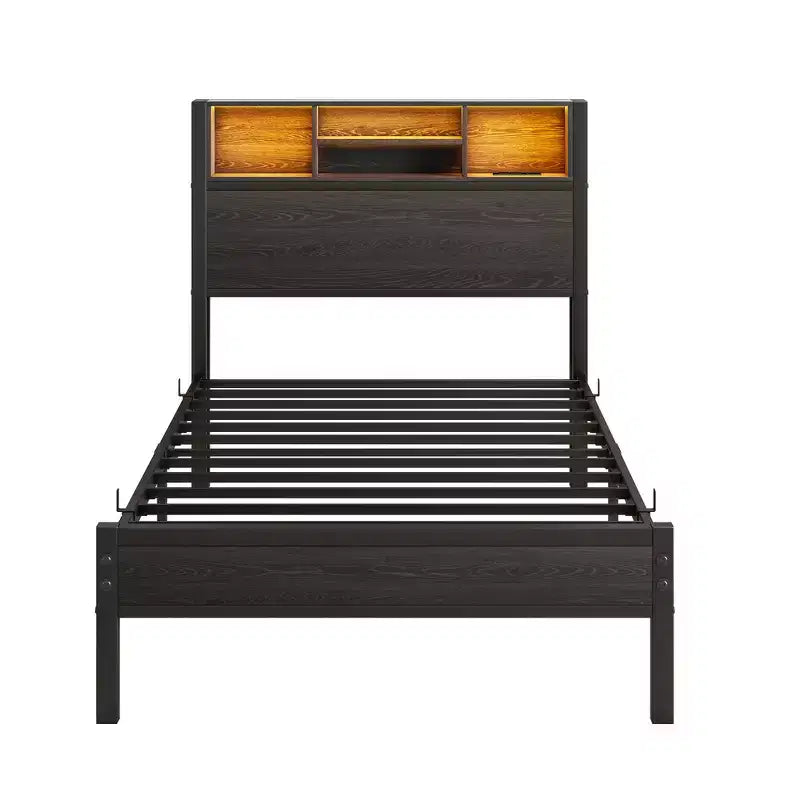 Bellemave Twin Metal Bed Frame with Storage Headboard, RGB LED Lights, Charging Station, Bookcase Storage, No Box Spring