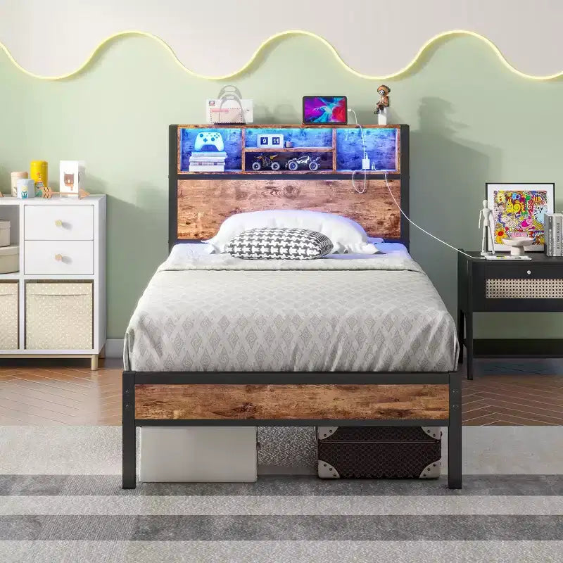 Bellemave Twin Metal Bed Frame with Storage Headboard, RGB LED Lights, Charging Station, Bookcase Storage, No Box Spring