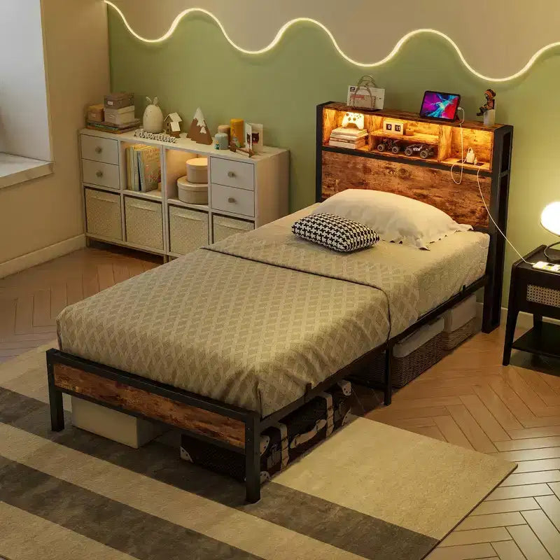 Bellemave Twin Metal Bed Frame with Storage Headboard, RGB LED Lights, Charging Station, Bookcase Storage, No Box Spring