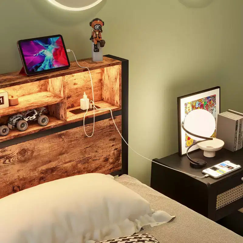 Bellemave Twin Metal Bed Frame with Storage Headboard, RGB LED Lights, Charging Station, Bookcase Storage, No Box Spring
