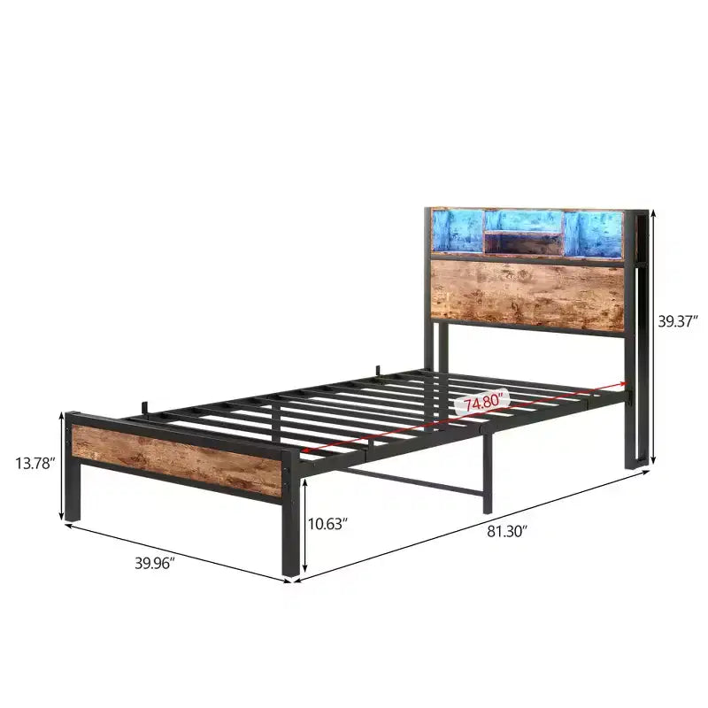 Bellemave Twin Metal Bed Frame with Storage Headboard, RGB LED Lights, Charging Station, Bookcase Storage, No Box Spring