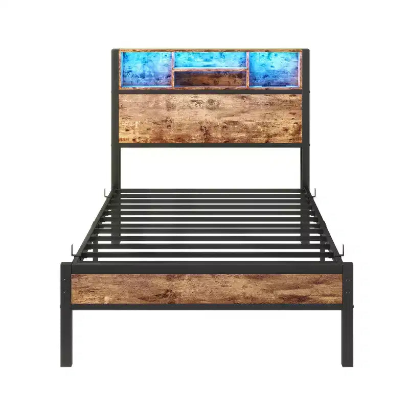 Bellemave Twin Metal Bed Frame with Storage Headboard, RGB LED Lights, Charging Station, Bookcase Storage, No Box Spring