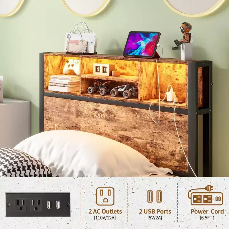 Bellemave Twin Metal Bed Frame with Storage Headboard, RGB LED Lights, Charging Station, Bookcase Storage, No Box Spring