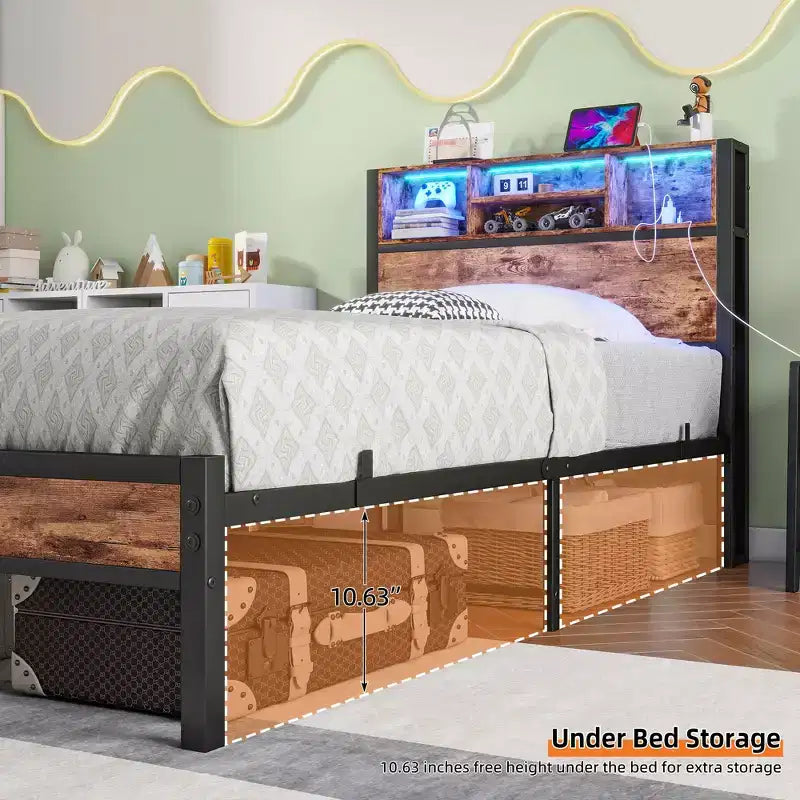 Bellemave Twin Metal Bed Frame with Storage Headboard, RGB LED Lights, Charging Station, Bookcase Storage, No Box Spring