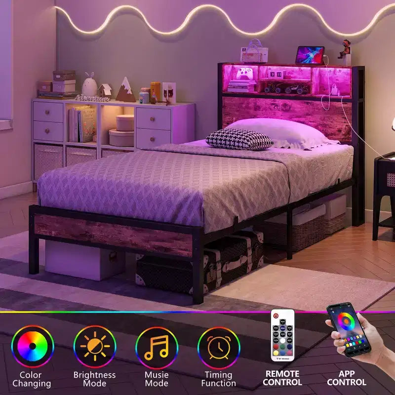 Bellemave Twin Metal Bed Frame with Storage Headboard, RGB LED Lights, Charging Station, Bookcase Storage, No Box Spring