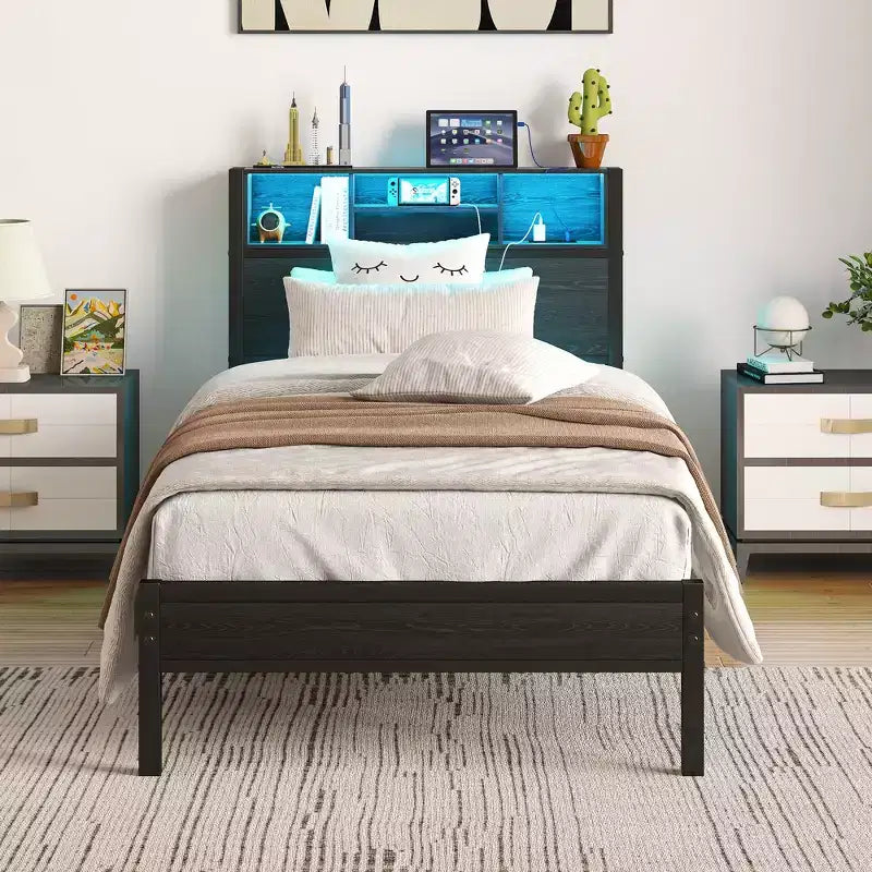 Bellemave Twin Metal Bed Frame with Storage Headboard, RGB LED Lights, Charging Station, Bookcase Storage, No Box Spring