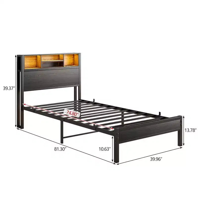 Bellemave Twin Metal Bed Frame with Storage Headboard, RGB LED Lights, Charging Station, Bookcase Storage, No Box Spring