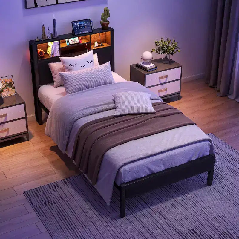 Bellemave Twin Metal Bed Frame with Storage Headboard, RGB LED Lights, Charging Station, Bookcase Storage, No Box Spring