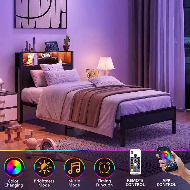 Bellemave Twin Metal Bed Frame with Storage Headboard, RGB LED Lights, Charging Station, Bookcase Storage, No Box Spring