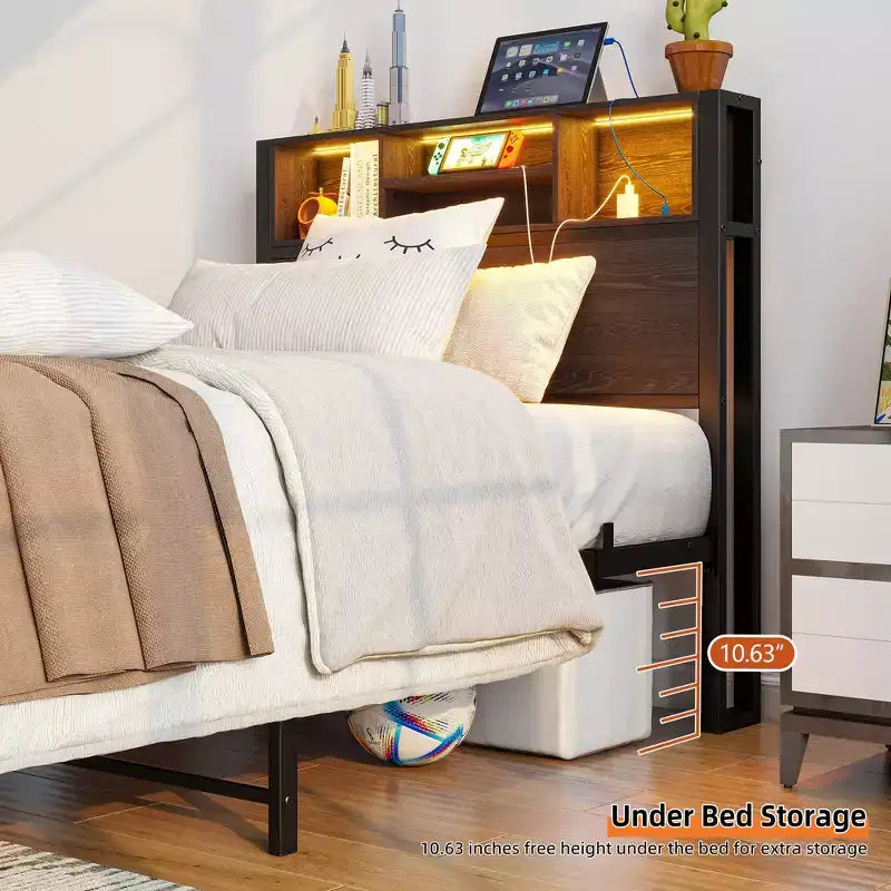Bellemave Twin Metal Bed Frame with Storage Headboard, RGB LED Lights, Charging Station, Bookcase Storage, No Box Spring