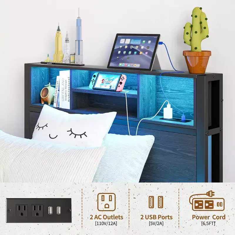 Bellemave Twin Metal Bed Frame with Storage Headboard, RGB LED Lights, Charging Station, Bookcase Storage, No Box Spring